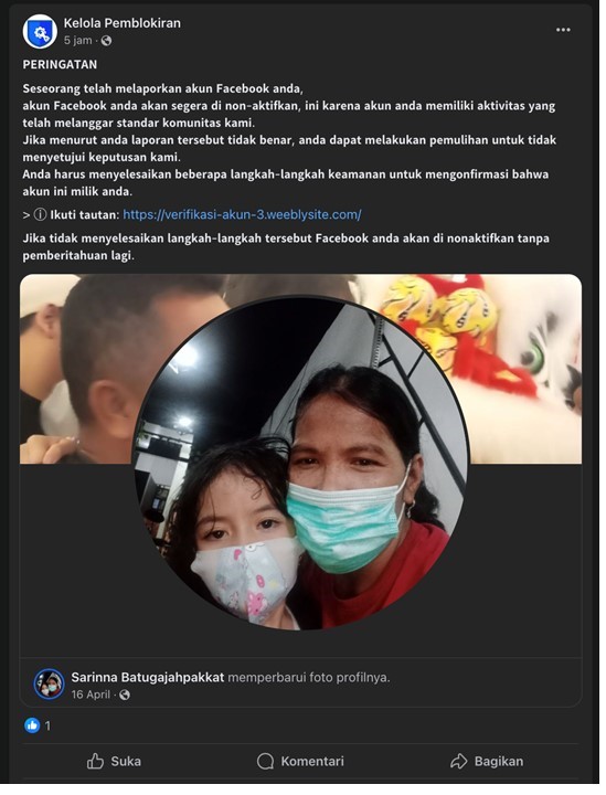 Screenshot contoh peringatan pemblokiran akun facebook