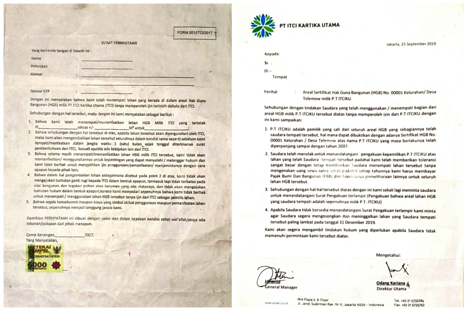 Surat yang dilayangkan PT ITCI Kartika Utama kepada warga Desa Telemow.