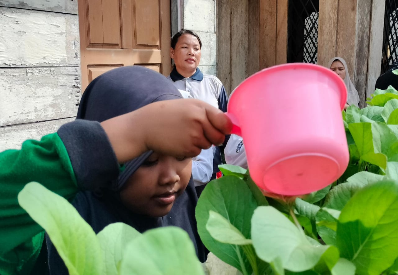 Seorang siswi menyiram sawi pakcoy di pekarangan SD Negeri 67 Muara Sekalo, Tebo, Jambi. (Foto: M Sobar Alfahri)